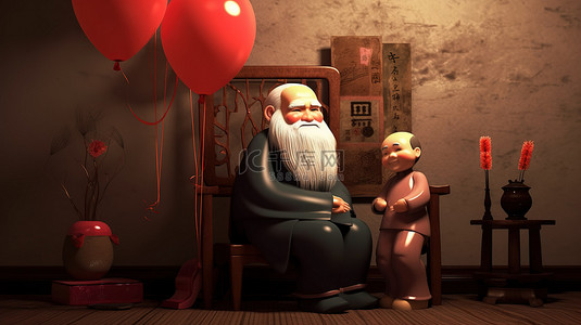 3D 插图中梦幻般的爷爷的新年祝福