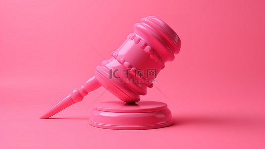 粉红色背景上粉红色法官木槌的法律概念 3D 插图