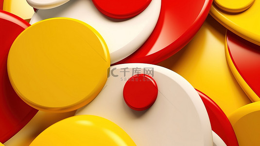 红色白色和黄色形状在充满活力的黄色背景下的抽象 3D 渲染