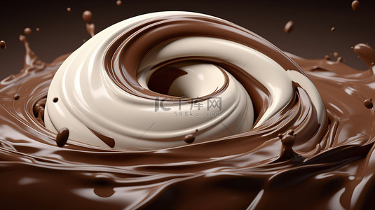 暴风雨形成的牛奶和巧克力在 3D 渲染中旋转，带有剪切路径
