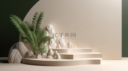带有 3D 渲染平台和树叶讲台的壁挂式产品展示