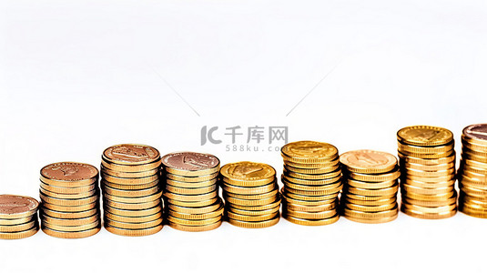 积分兑换长图背景图片_白色背景上孤立排列的金币，用 3D 渲染描绘外汇中的商业投资和货币兑换
