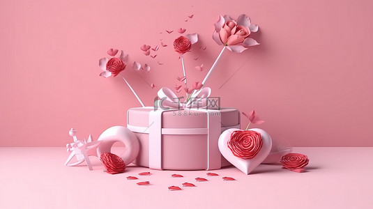 空灵的情人节象征主义 3D 效果图，花心丘比特之箭礼品盒和玫瑰粉色背景