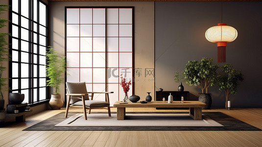 3D 渲染中的当代日式客厅台灯和榻榻米地板