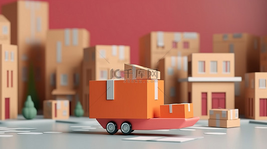 用于在线订单交付和跟踪的定位销和购物车盒的 3D 渲染