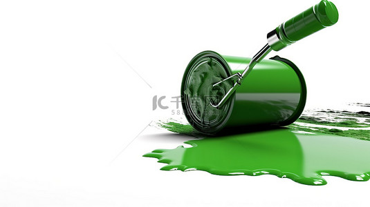 绿色装修背景图片_在白色背景 3D 渲染的剪影房子里，绿色油漆从罐子里溢出，油漆滚筒