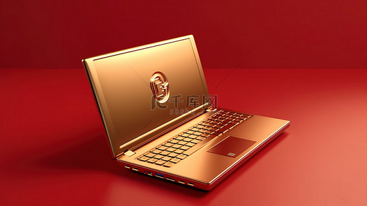 笔记本电脑图标背景图片_笔记本电脑图标 3d 在红色哑光金板上渲染社交媒体符号