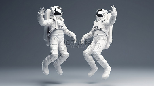 端午节快乐字体背景图片_3D 插图中的两名快乐宇航员兴奋地跳跃