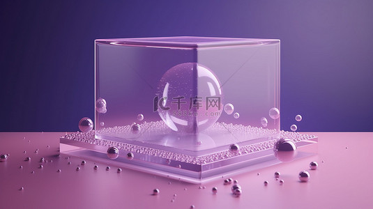 展示化妆品背景图片_带有紫色方形讲台和水泡的薰衣草背景 3d 渲染模型，具有几何清晰的舞台和用于展示化妆品的空平台