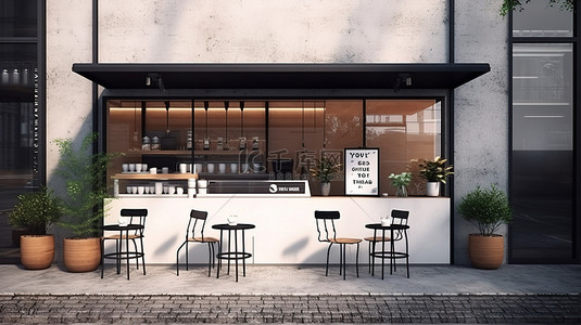 benner样机背景图片_带横幅和菜单样机的咖啡店户外建筑设计的 3D 插图