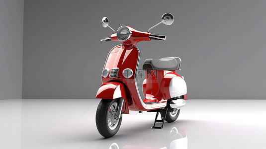 红色蓝色白色背景图片_浅灰色城市背景下光滑的红色和白色轻便摩托车的 3D 插图
