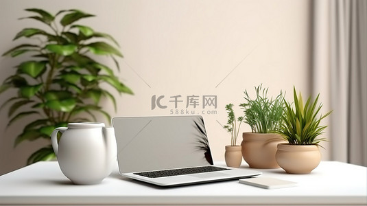 键盘海报背景图片_笔记本电脑桌上带有样机海报的植物设备和装饰的 3D 渲染