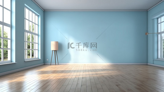 时尚而简单的 3D 渲染，以简约风格呈现一间空房间，墙壁为浅蓝色，木地板为简约风格