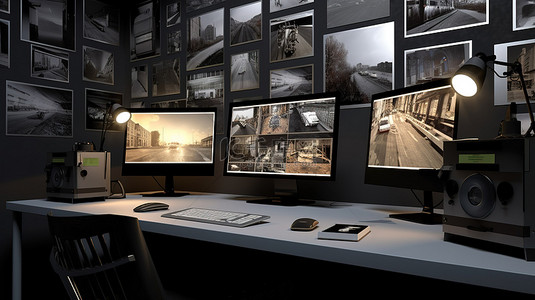 桌面照片背景图片_计算机屏幕在 3d 渲染的工业工作区中显示照片组合