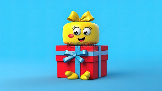 黄色背景，带有蓝书人物吉祥物的 3D 渲染，该吉祥物拿着一个用红丝带绑着的礼品盒