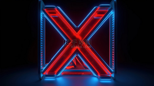 娱乐蓝色背景图片_3d 渲染中的霓虹灯红色 x 坐落在蓝色字母中