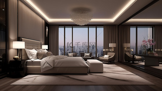 计算机生成的豪华酒店套房卧室的 3D 渲染图，优雅而富丽堂皇