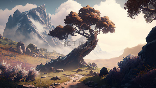 游戏雪山背景背景图片_雪山树自然游戏背景