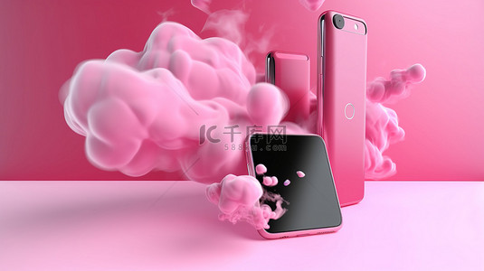 视频界面背景图片_粉红色背景的粉红色手机上的流式传输 3D 视频 vlog 频道