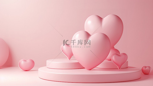 粉红色的心形情人节电商展台背景素材