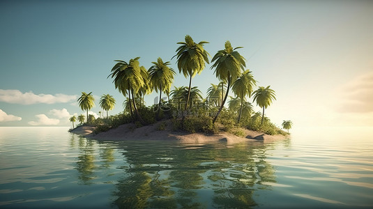 跨级晋升背景图片_海中的孤岛，点缀着 3D 渲染的椰子树
