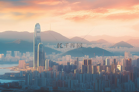 香港城市天际线在日落天空的多彩阴影下 蓝天 蓝天 蓝天