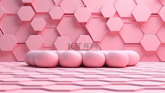 柔和的粉红色几何平台上的抽象蜂窝图案，用于 3D 产品展示