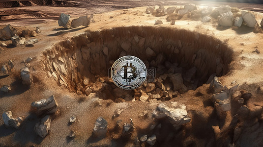 沙漠背景背景图片_带有美元纸币和化石的干涸加密货币矿井的 3D 插图
