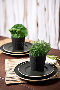 两个装满植物棒的盘子和盘子放在木桌上