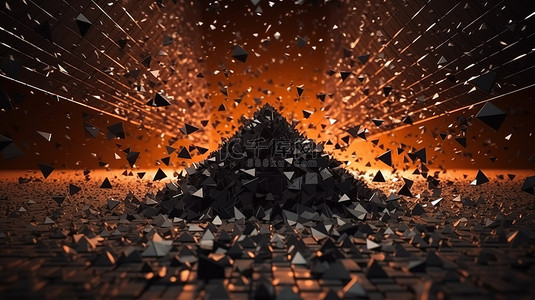 混沌黑暗 3D 粒子渲染中带有金字塔的虚空景观