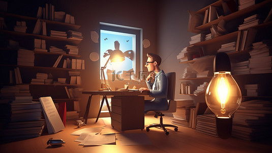 创意办公背景图片_办公桌前的创新商人具有突破性想法 3D 渲染概念
