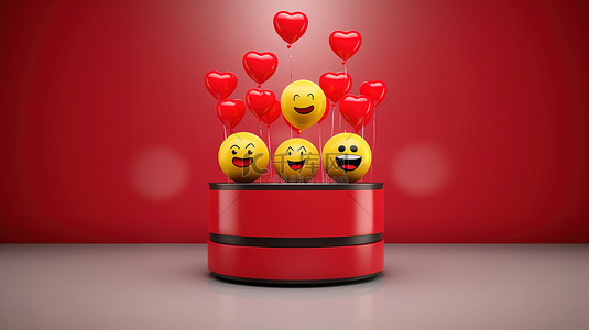 酷酷的表情卡通背景图片_3d 愤怒表情符号的讲台，背景中漂浮着爱情气球表情符号