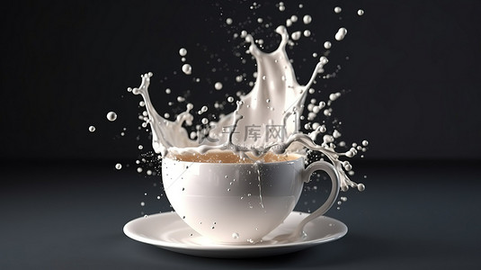 牛奶滴下背景图片_杯子在深色背景下飞溅的牛奶 3D 渲染上运行