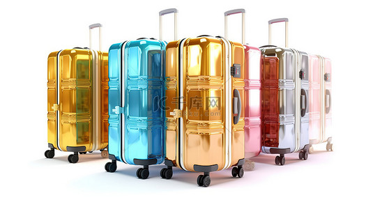 时尚的聚碳酸酯手提箱，颜色鲜艳，放在豪华酒店行李手推车上，周围是原始的白色背景 3D 渲染