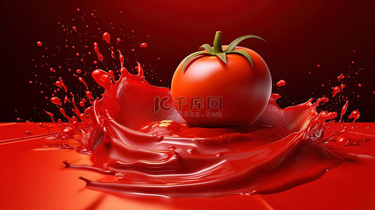 红色番茄背景图片_充满活力的红色背景，配有美味的番茄和多汁的飞溅 3D 建模插图