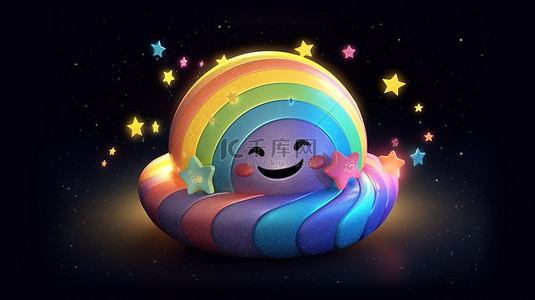 异想天开的彩虹星球在夜间摇篮曲场景中充满喜悦 3D 渲染图像