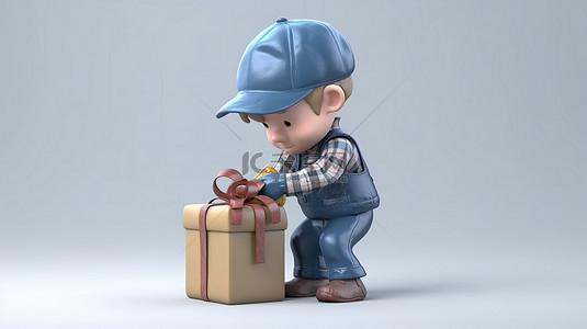 小男孩拿背景图片_3D 插图中描绘了一位穿着工作服的小农拿着一份慷慨的礼物
