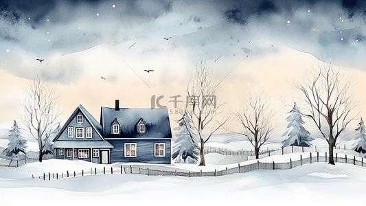 房檐房檐背景图片_冬天水彩雪景插画