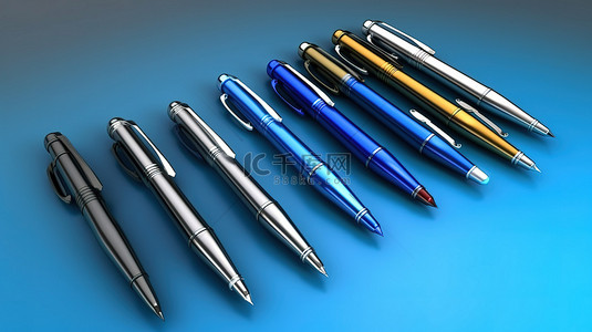 令人惊叹的 3D 渲染各种钢笔设置在迷人的蓝色背景上