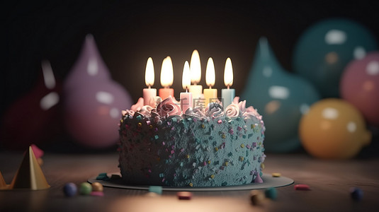 带蜡烛的蛋糕的深色柔和生日派对 3d 渲染