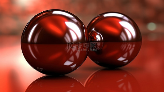 模糊棕色背景上 3D 抽象插图中的光滑红色胶球
