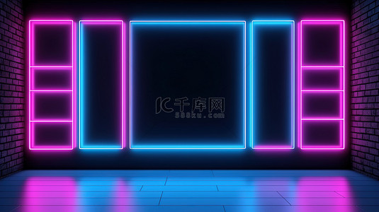 黑色背景下霓虹粉色和蓝色灯光展览室的 3D 渲染