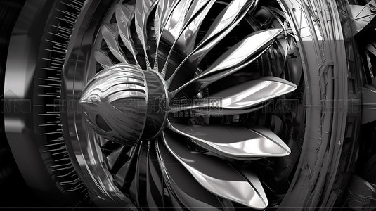 黑白抽象 3d 背景渲染艺术中的超现实主义机械工业涡轮喷气发动机