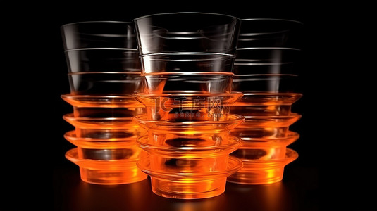 咖啡饮料杯背景图片_黑色背景 3d 上堆叠的橙色塑料饮料杯塔，特写