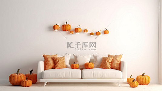 简约奢华背景背景图片_简约的秋季主题沙发，白色背景上环绕着南瓜，具有用于创意设计 3D 渲染的文本空间