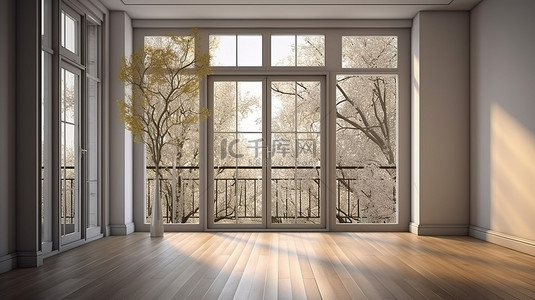 豪华现代客房配有木地板和绿树成荫的阳台 3D 渲染