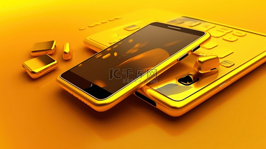 智能科技字背景图片_黄色背景的 3d 插图与手机和数字平板电脑