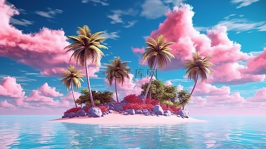 沙滩海景壁纸背景图片_田园诗般的天堂 3D 渲染一个热带岛屿，拥有郁郁葱葱的棕榈树白色沙滩和蓝色和粉色色调的天空