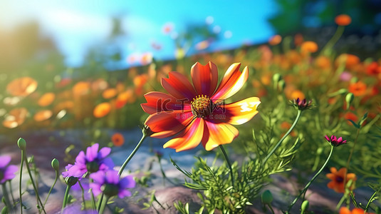 明媚的春天背景图片_3d 渲染中精美的草甸花