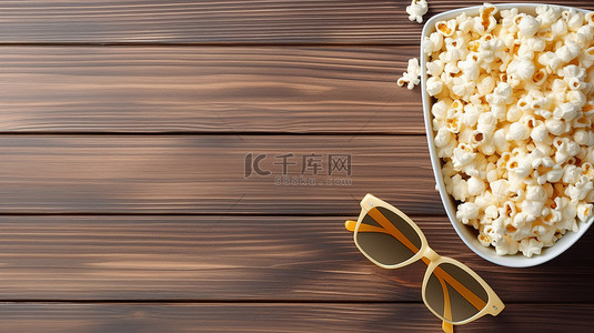 电影电影院背景图片_浅色木质表面上的一碗爆米花和 3D 眼镜顶视图有足够的文字空间
